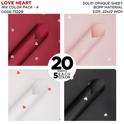 Love Hearts Printed Solid Opaque Flower Bouquet Sheets - Mix Color 20 Sheet Pack