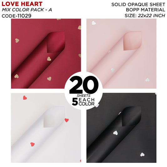 Love Hearts Printed Solid Opaque Flower Bouquet Sheets - Mix Color 20 Sheet Pack
