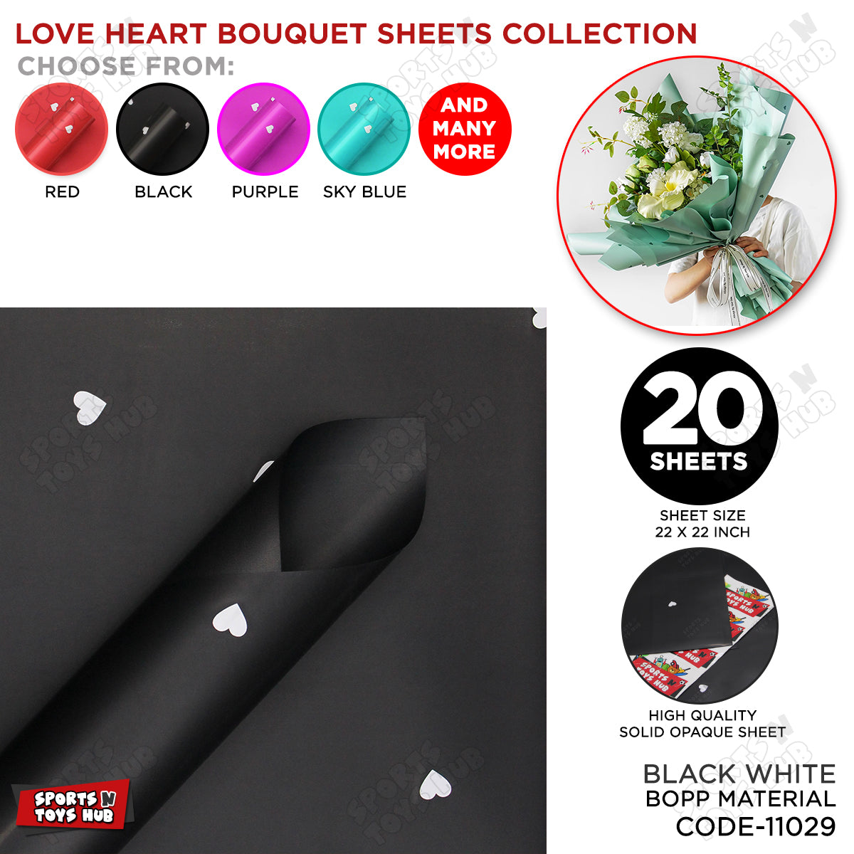 Love Hearts Printed Solid Opaque Flower Bouquet Sheets - 20 Sheets