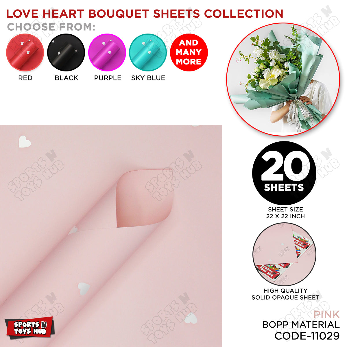 Love Hearts Printed Solid Opaque Flower Bouquet Sheets - 20 Sheets