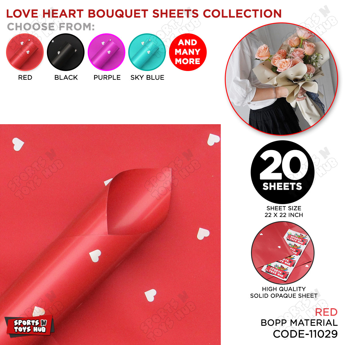 Love Heart Printed Solid Opaque Flower Bouquet Sheets - 20 Sheets