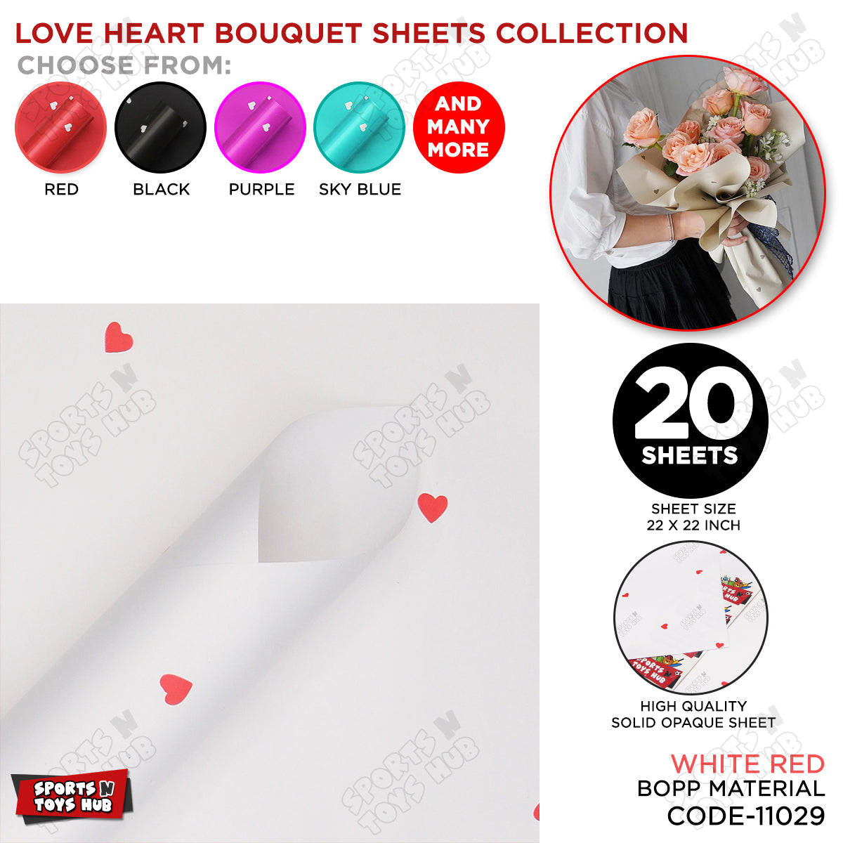 Love Hearts Printed Solid Opaque Flower Bouquet Sheets - 20 Sheets