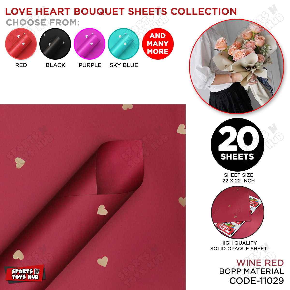 Love Hearts Printed Solid Opaque Flower Bouquet Sheets - 20 Sheets