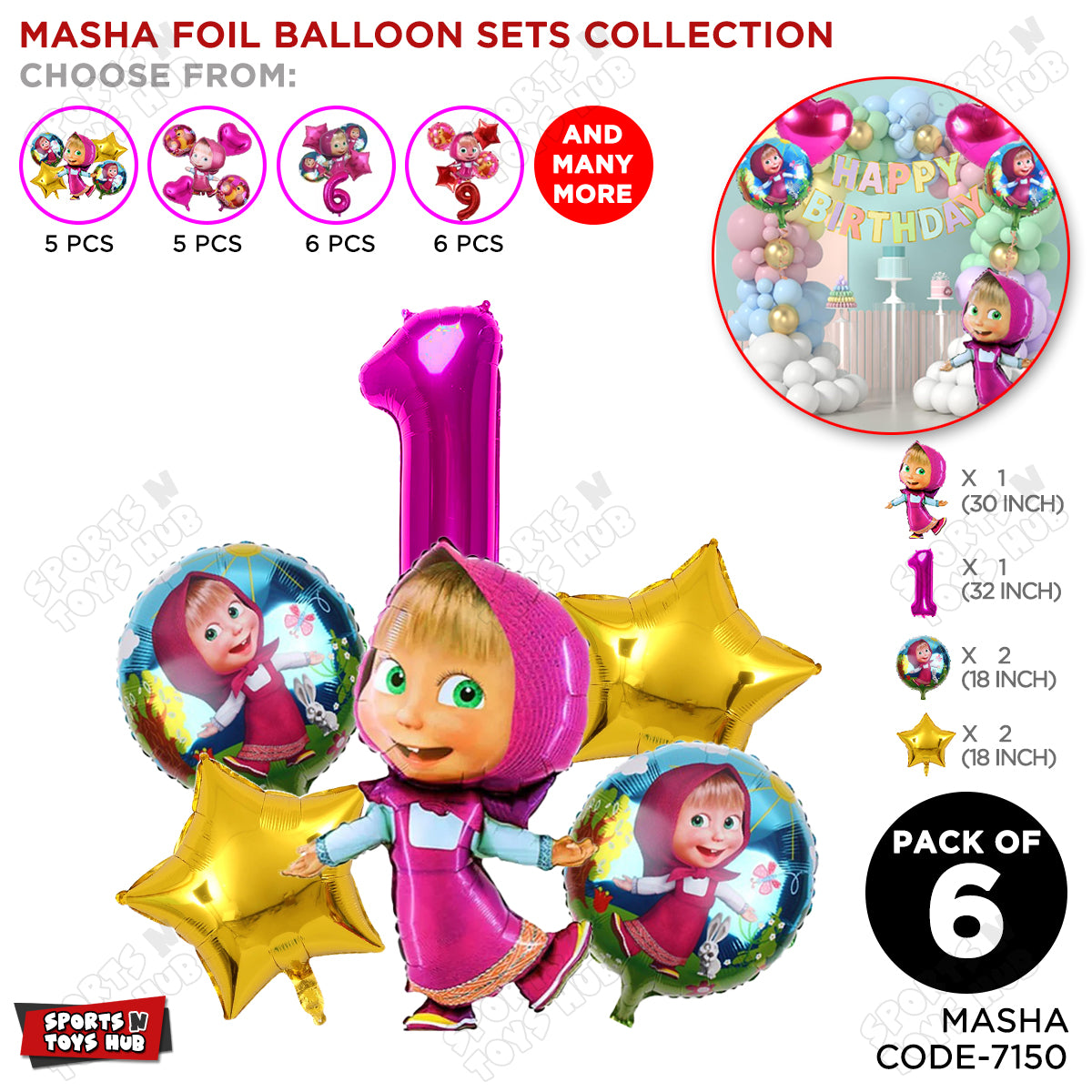 M@sha & Be@r Foil Balloon Set With Number Collection - Pack Of 6