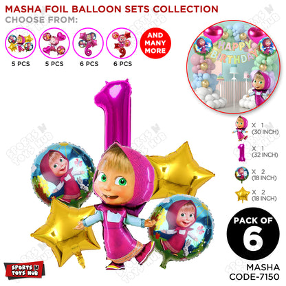 M@sha & Be@r Foil Balloon Set With Number Collection - Pack Of 6