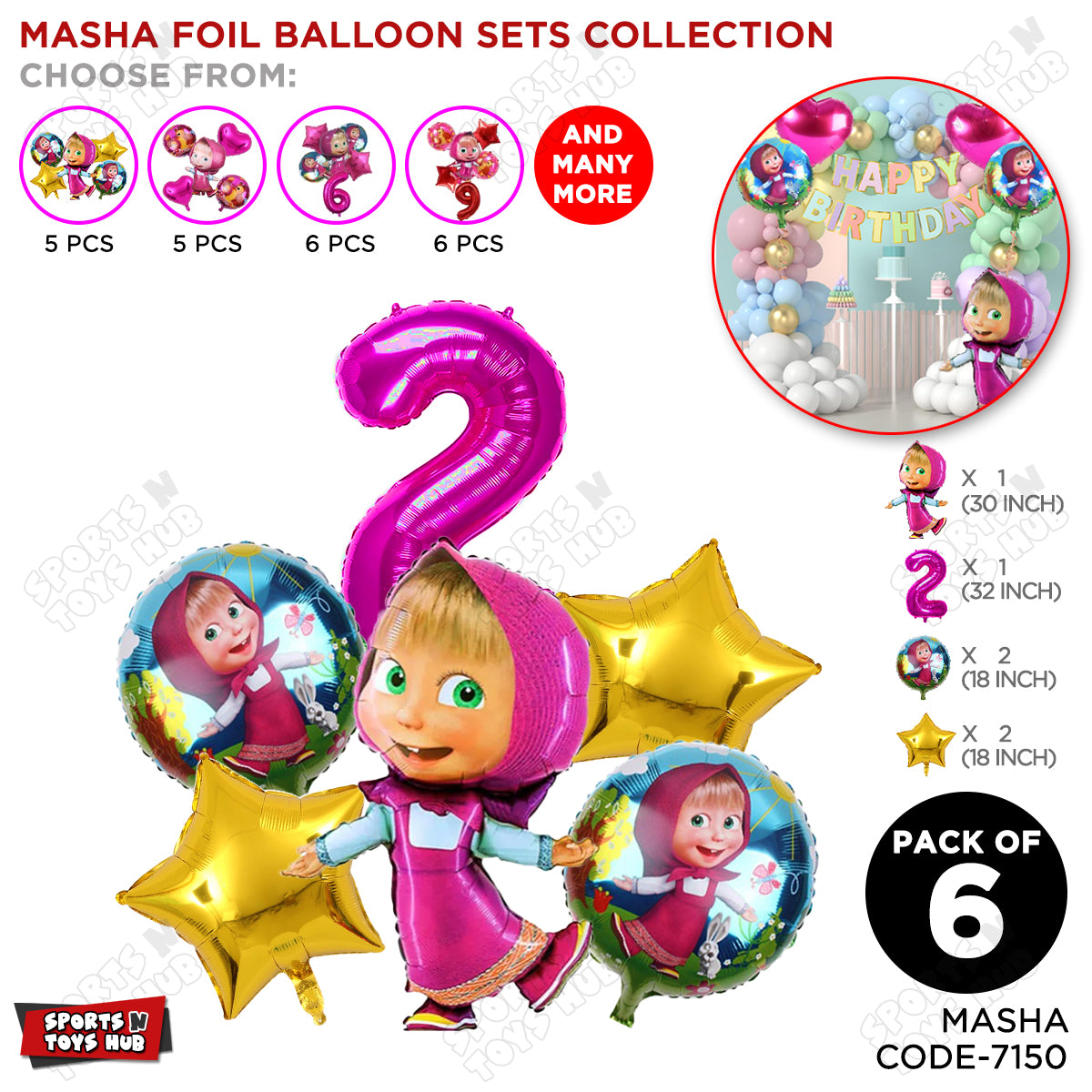 M@sha & Be@r Foil Balloon Set With Number Collection - Pack Of 6