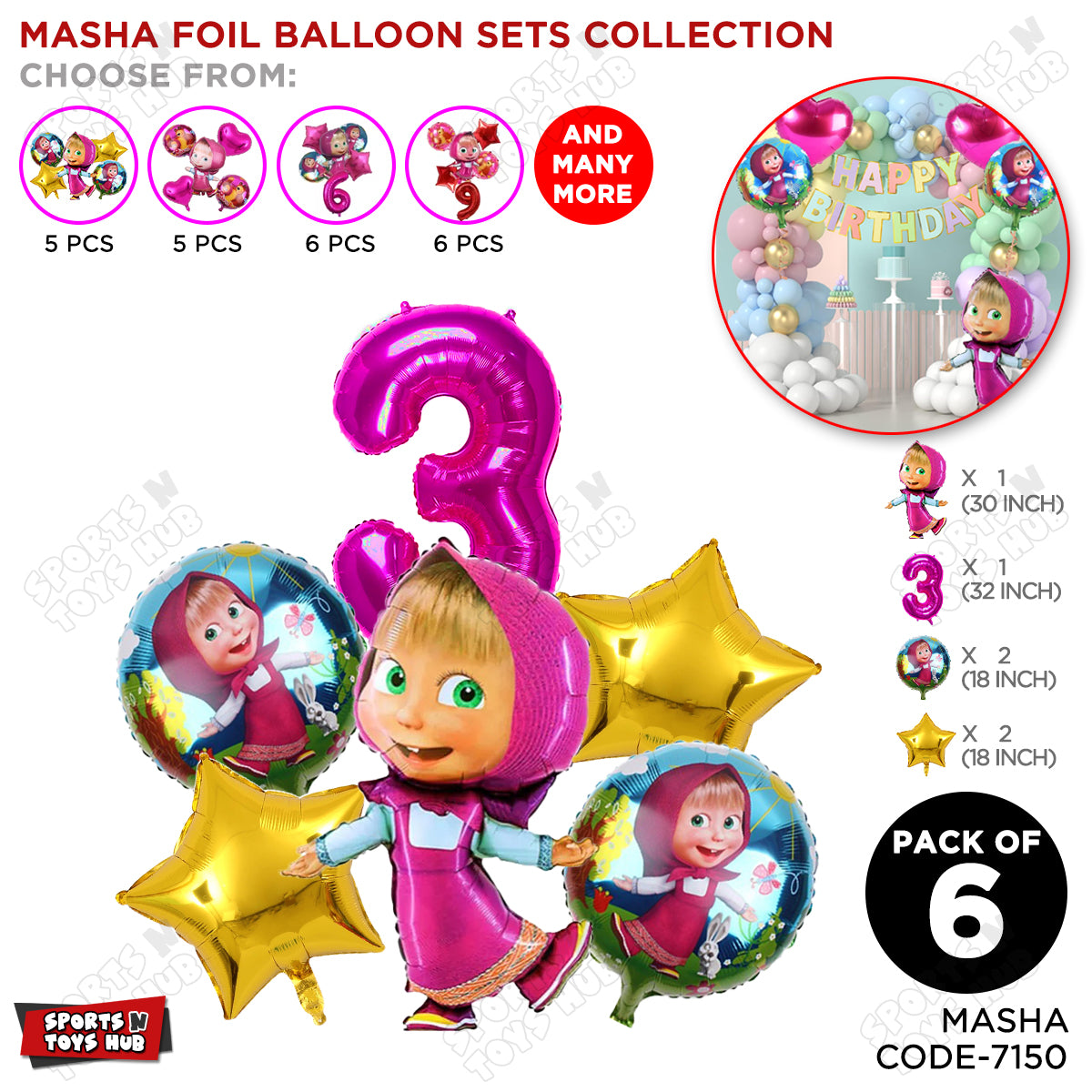 M@sha & Be@r Foil Balloon Set With Number Collection - Pack Of 6