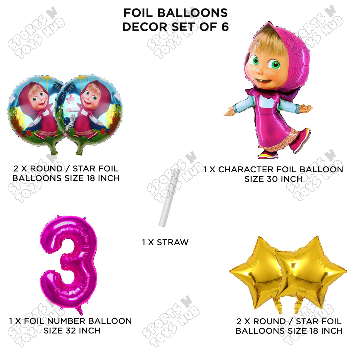M@sha & Be@r Foil Balloon Set With Number Collection - Pack Of 6