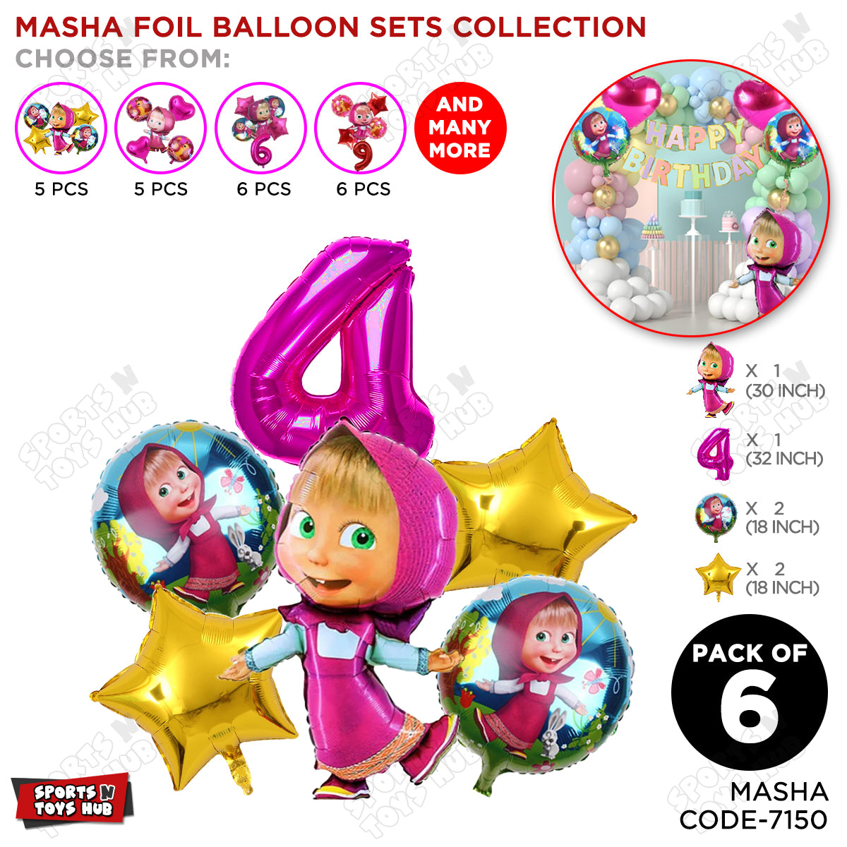 M@sha & Be@r Foil Balloon Set With Number Collection - Pack Of 6