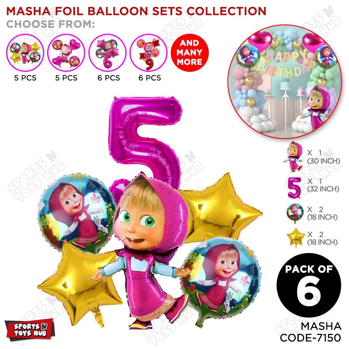 M@sha & Be@r Foil Balloon Set With Number Collection - Pack Of 6