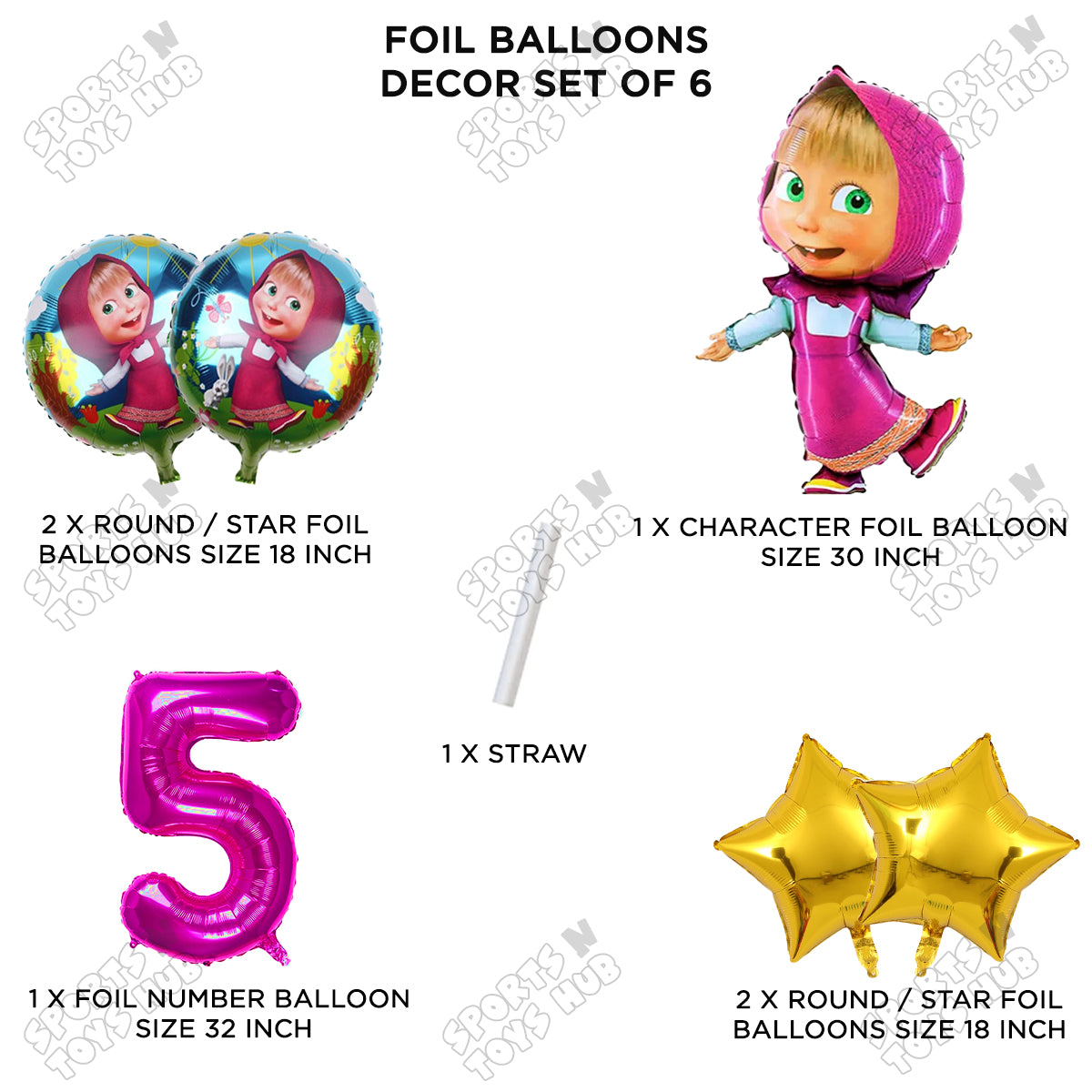 M@sha & Be@r Foil Balloon Set With Number Collection - Pack Of 6
