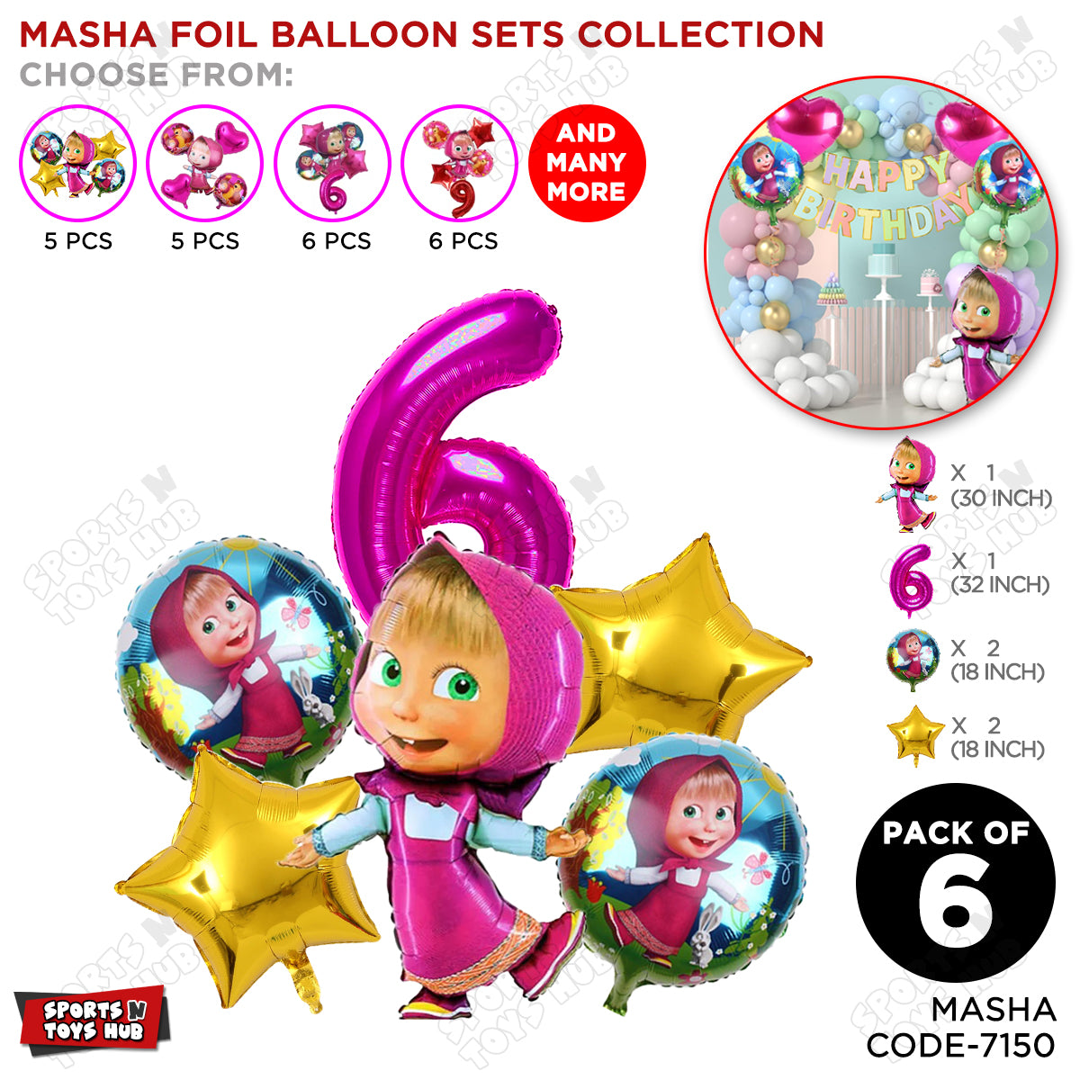M@sha & Be@r Foil Balloon Set With Number Collection - Pack Of 6