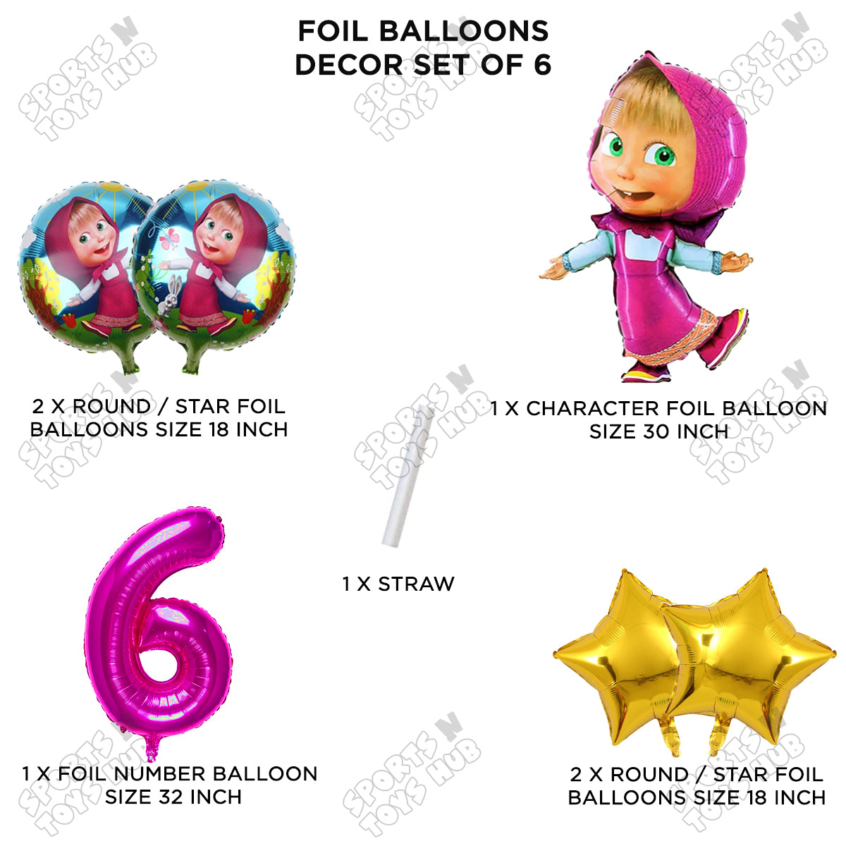 M@sha & Be@r Foil Balloon Set With Number Collection - Pack Of 6