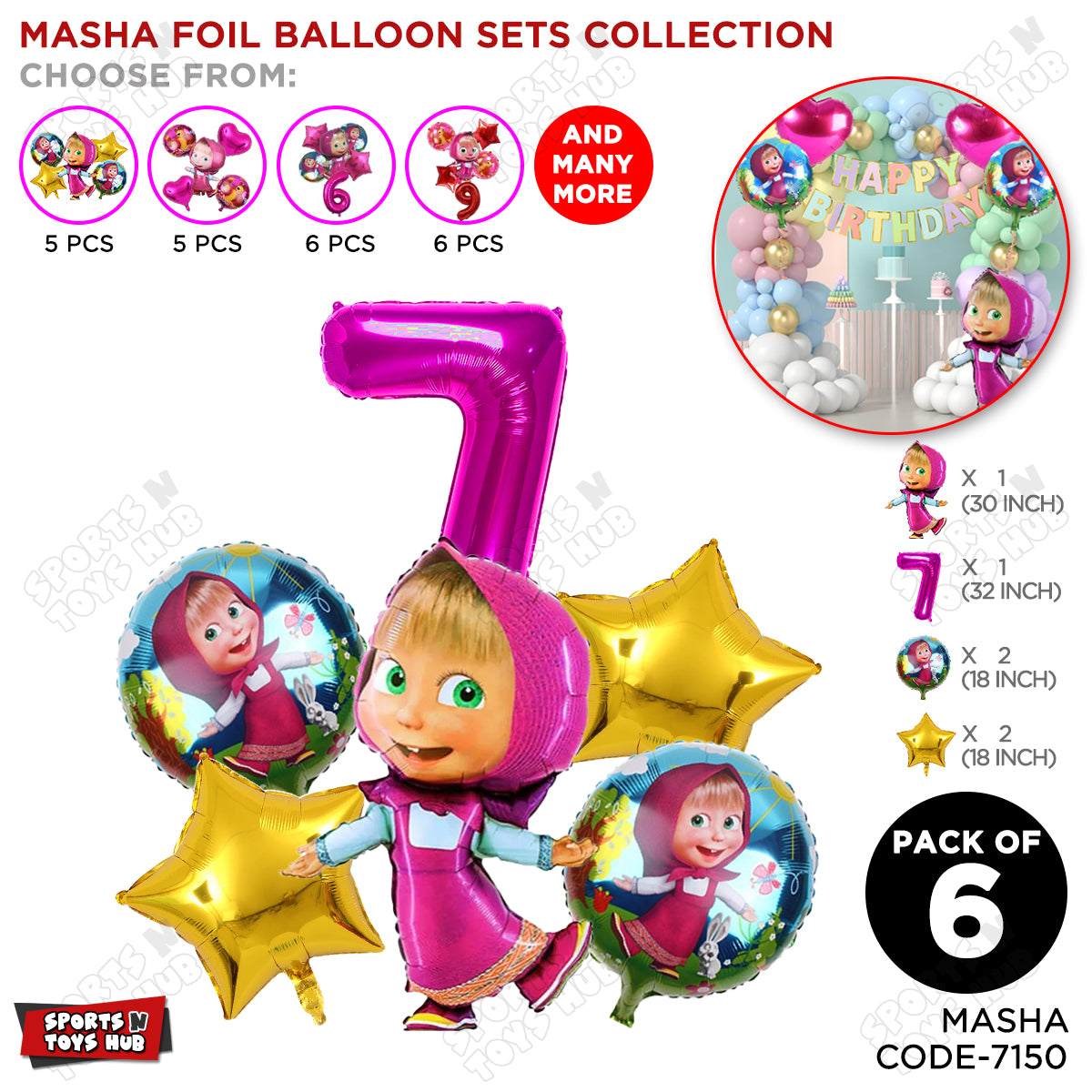 M@sha & Be@r Foil Balloon Set With Number Collection - Pack Of 6