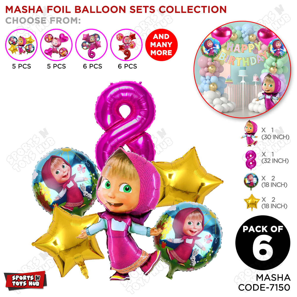 M@sha & Be@r Foil Balloon Set With Number Collection - Pack Of 6