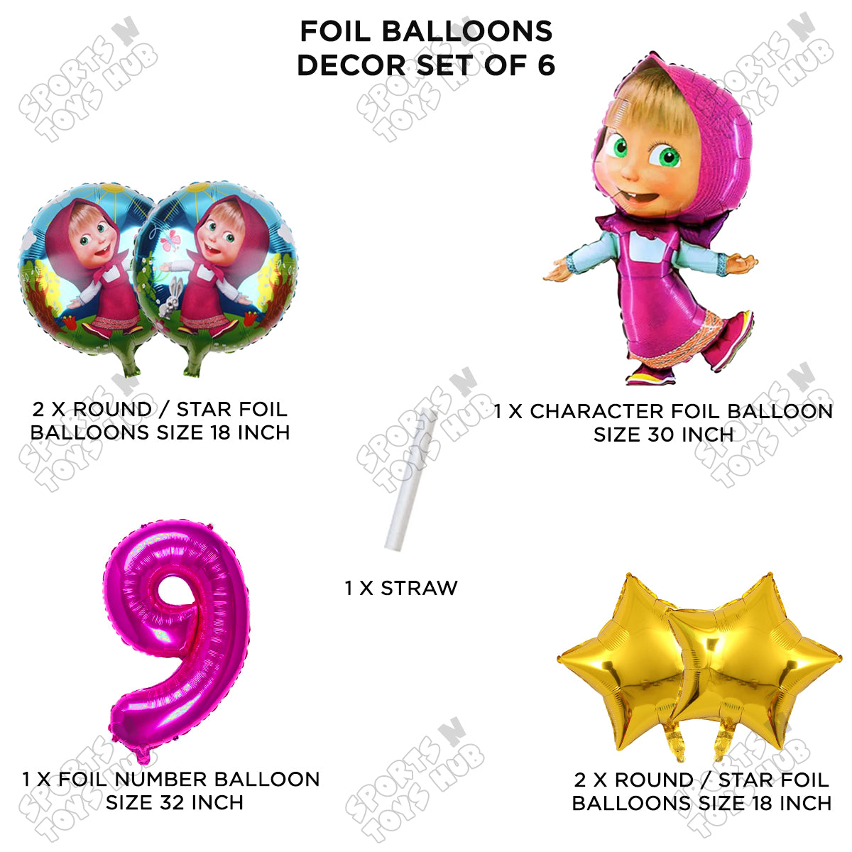 M@sha & Be@r Foil Balloon Set With Number Collection - Pack Of 6