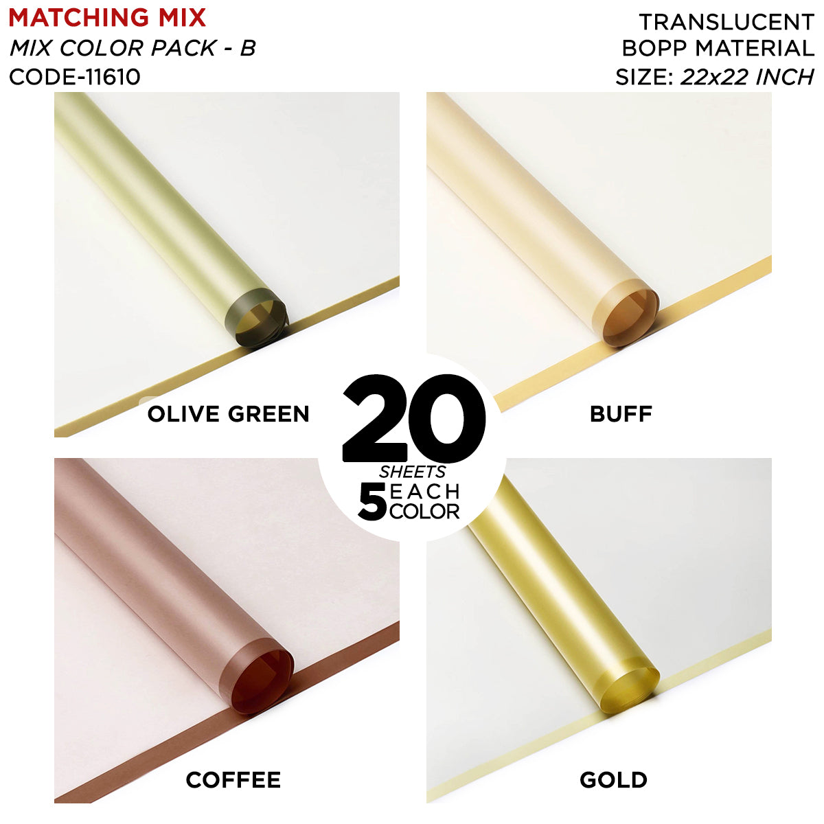 Matching Mix Border Edge - Color Mix 20 Sheet Packs - Frosted Wrapping Paper with Coloured Border - Floral Bouquet Wrapping Sheets, Bouquet Paper