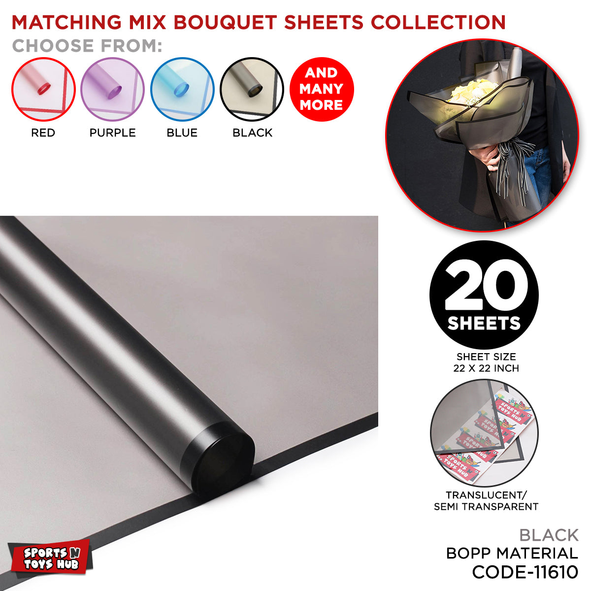 New Matching Mix - Frosted Wrapping Paper with Coloured Border - Floral Bouquet Wrapping Sheets