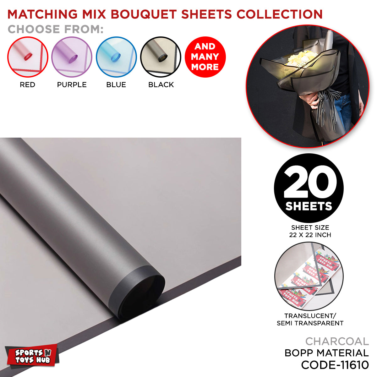 New Matching Mix - Frosted Wrapping Paper with Coloured Border - Floral Bouquet Wrapping Sheets