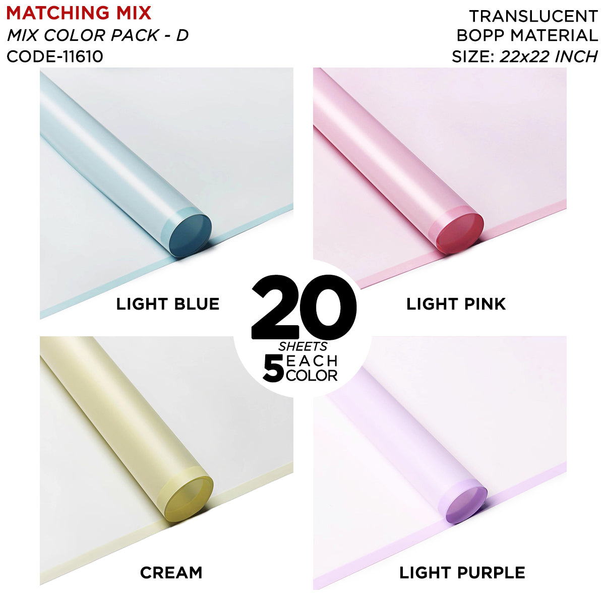 Matching Mix Border Edge - Color Mix 20 Sheet Packs - Frosted Wrapping Paper with Coloured Border - Floral Bouquet Wrapping Sheets, Bouquet Paper