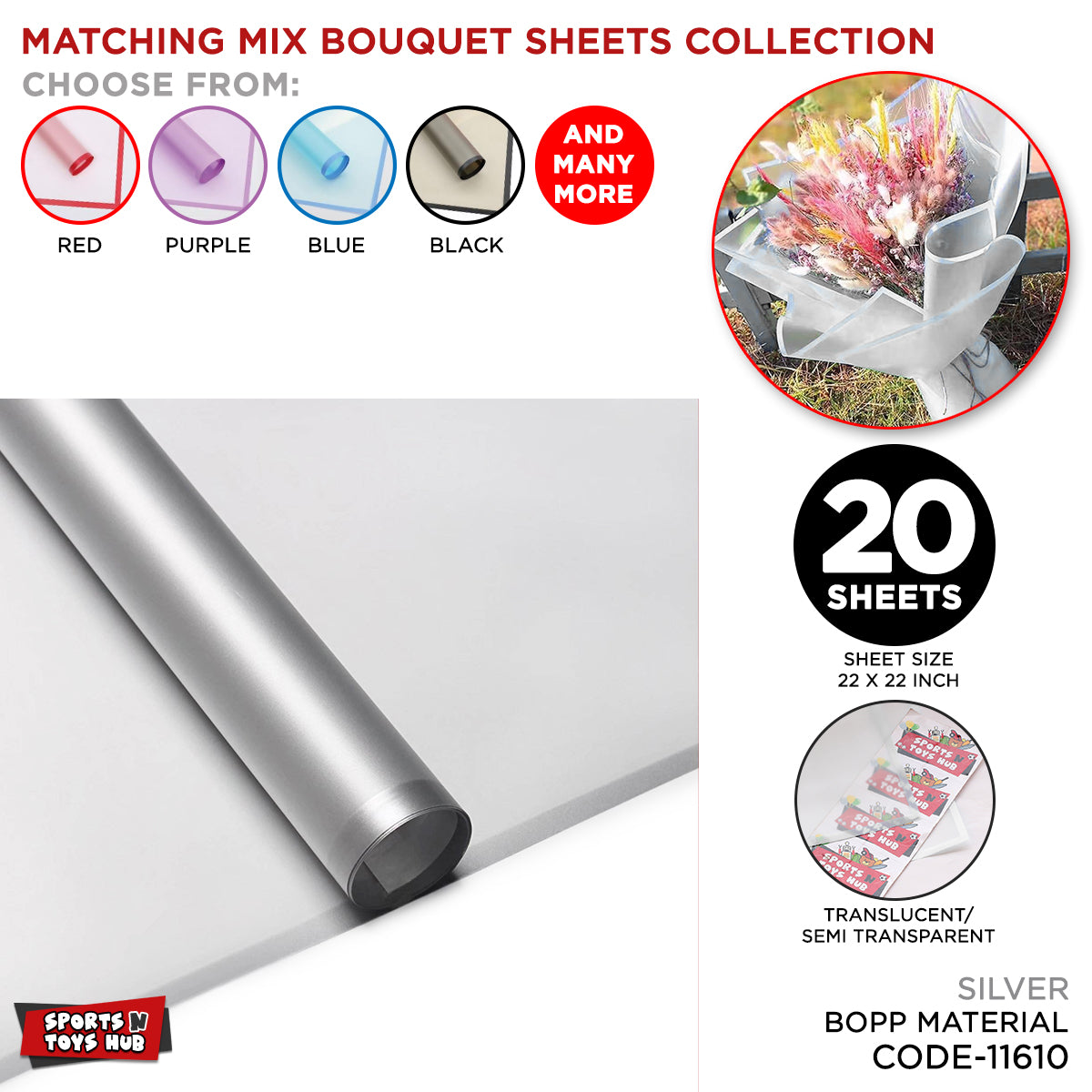 New Matching Mix - Frosted Wrapping Paper with Coloured Border - Floral Bouquet Wrapping Sheets