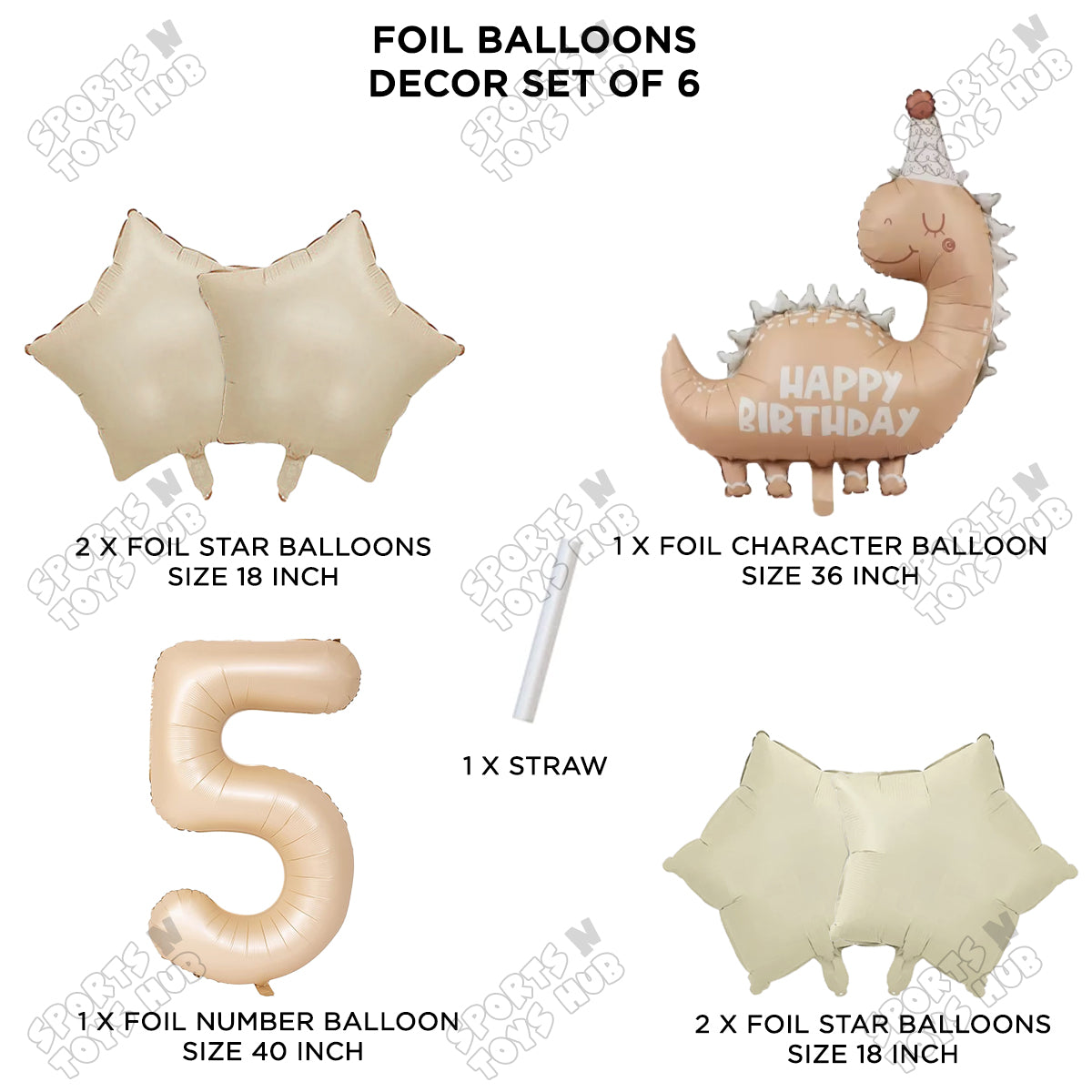 Pastel Matte Dino Foil Balloon Pack Of 6 Set With 40 Inch Foil Number Balloons