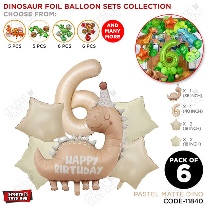 Pastel Matte Dino Foil Balloon Pack Of 6 Set With 40 Inch Foil Number Balloons