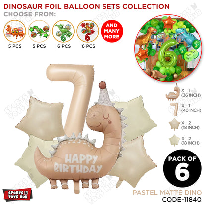 Pastel Matte Dino Foil Balloon Pack Of 6 Set With 40 Inch Foil Number Balloons