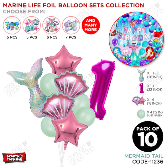 Merm@id Tail Foil Balloon Pack Of 10 Set With 32 Inch Foil Number Balloons