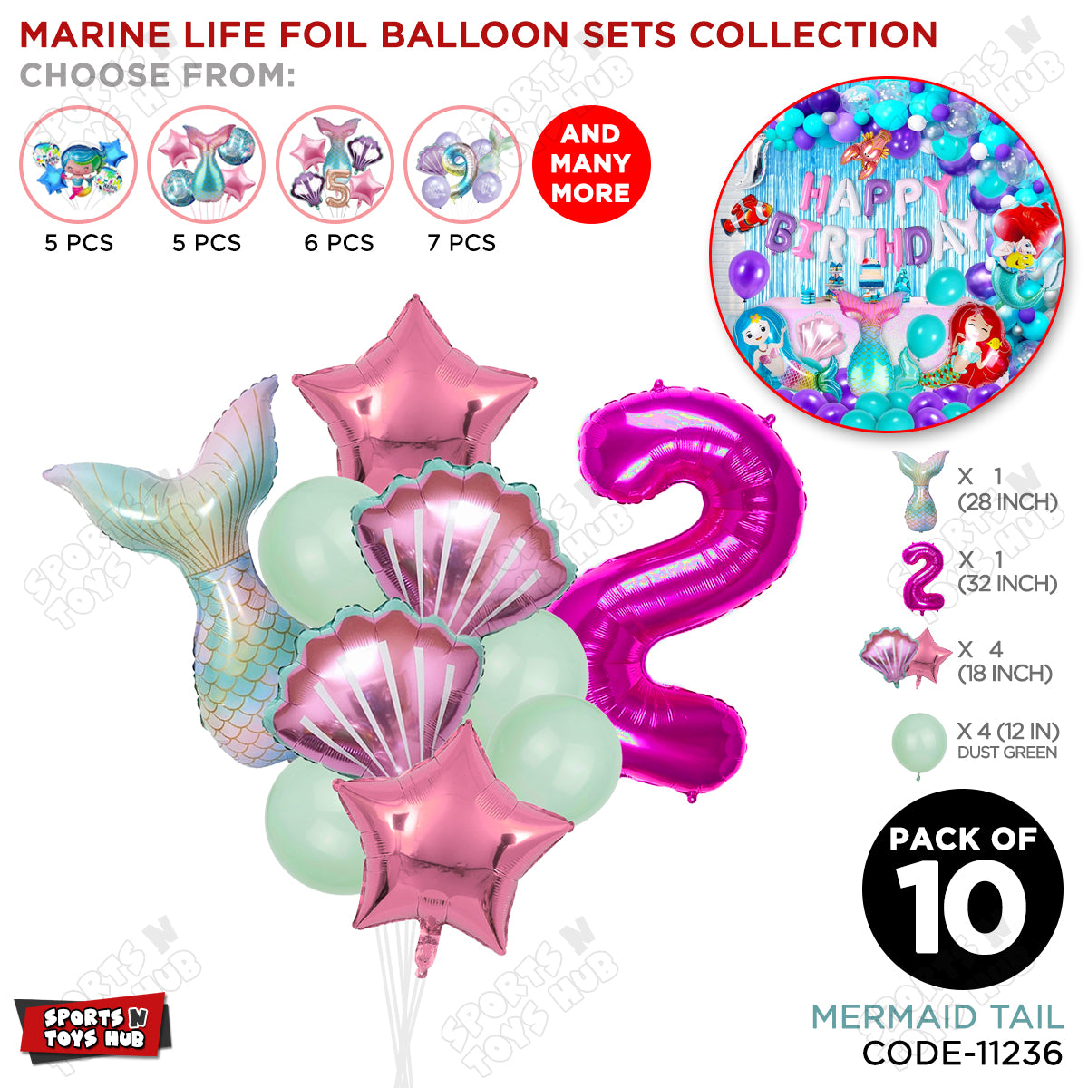 Merm@id Tail Foil Balloon Pack Of 10 Set With 32 Inch Foil Number Balloons