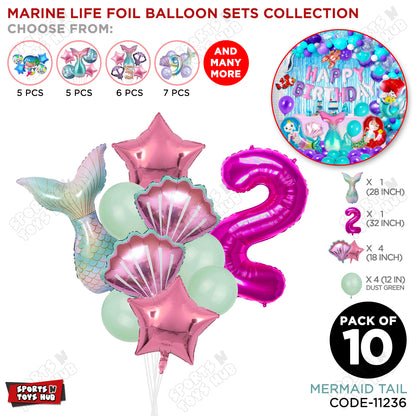 Merm@id Tail Foil Balloon Pack Of 10 Set With 32 Inch Foil Number Balloons