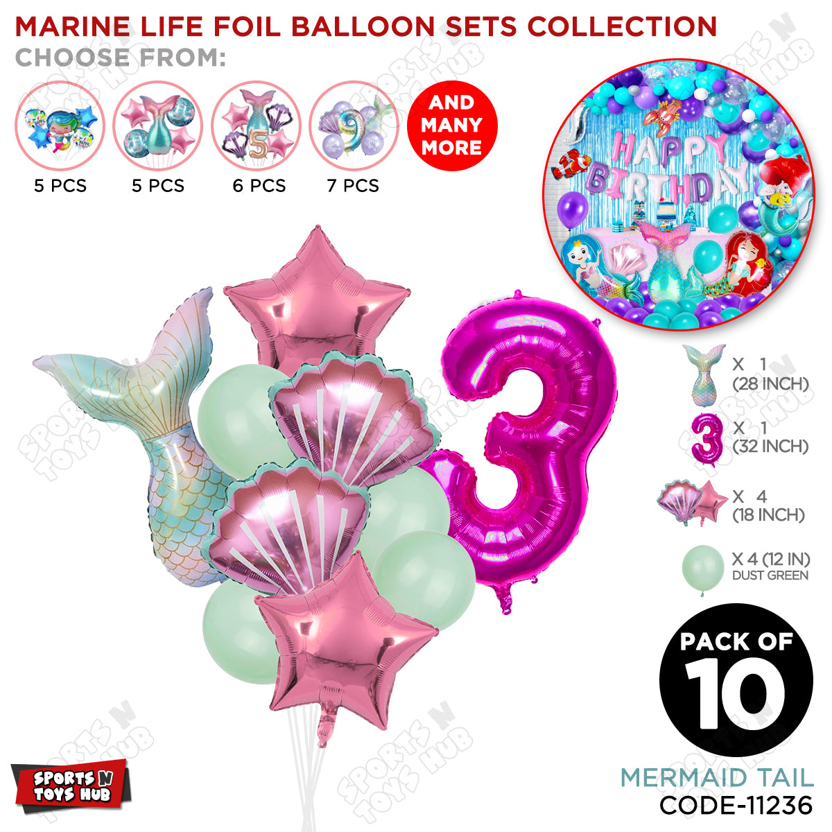 Merm@id Tail Foil Balloon Pack Of 10 Set With 32 Inch Foil Number Balloons