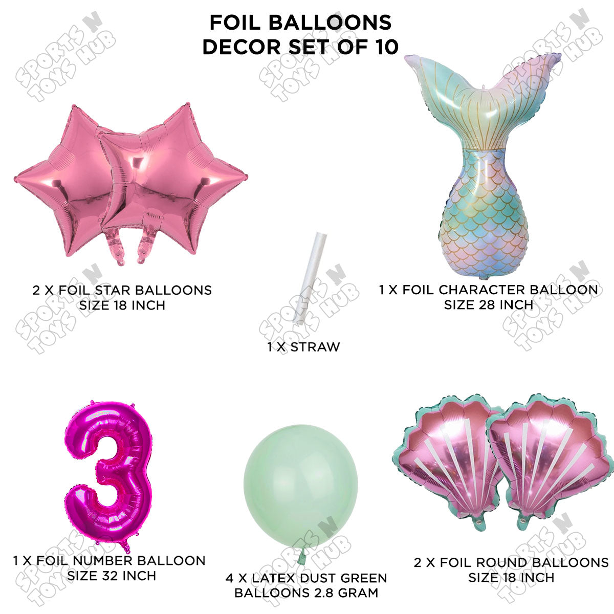 Merm@id Tail Foil Balloon Pack Of 10 Set With 32 Inch Foil Number Balloons