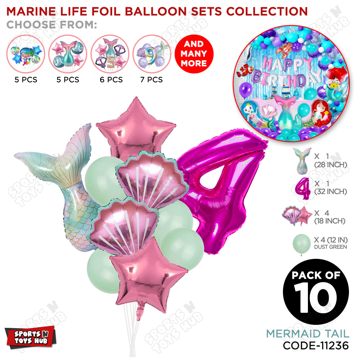 Merm@id Tail Foil Balloon Pack Of 10 Set With 32 Inch Foil Number Balloons
