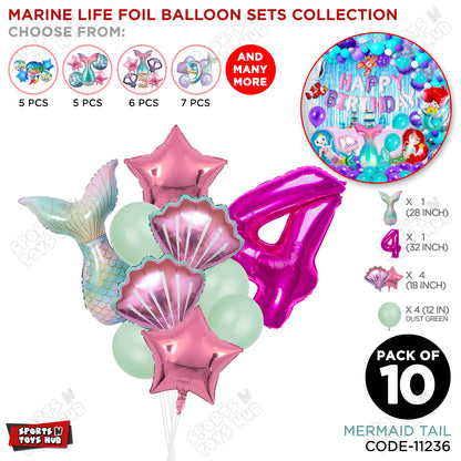 Merm@id Tail Foil Balloon Pack Of 10 Set With 32 Inch Foil Number Balloons