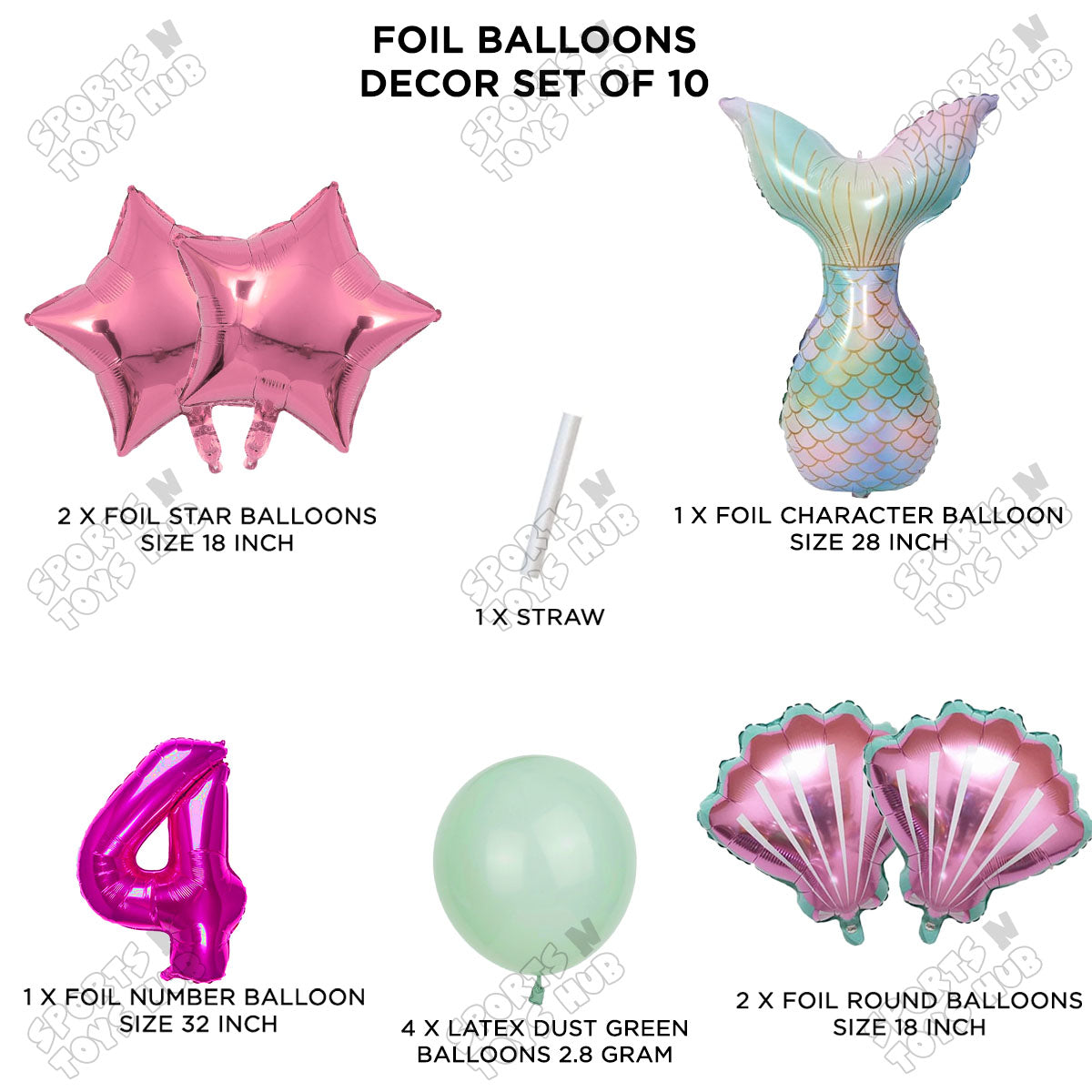 Merm@id Tail Foil Balloon Pack Of 10 Set With 32 Inch Foil Number Balloons