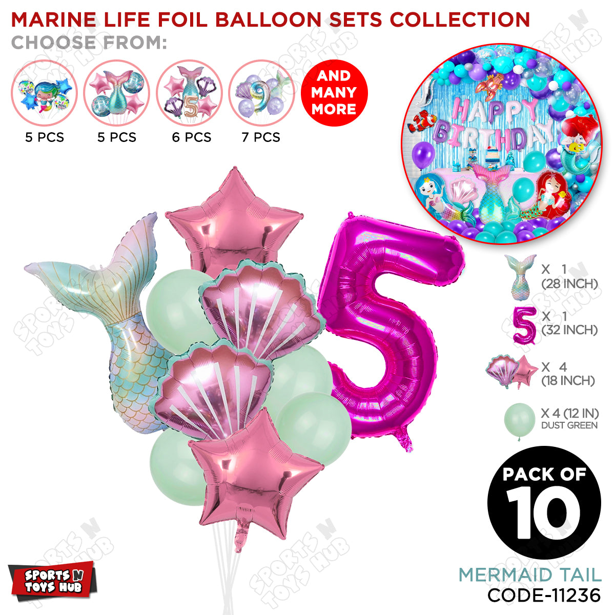 Merm@id Tail Foil Balloon Pack Of 10 Set With 32 Inch Foil Number Balloons