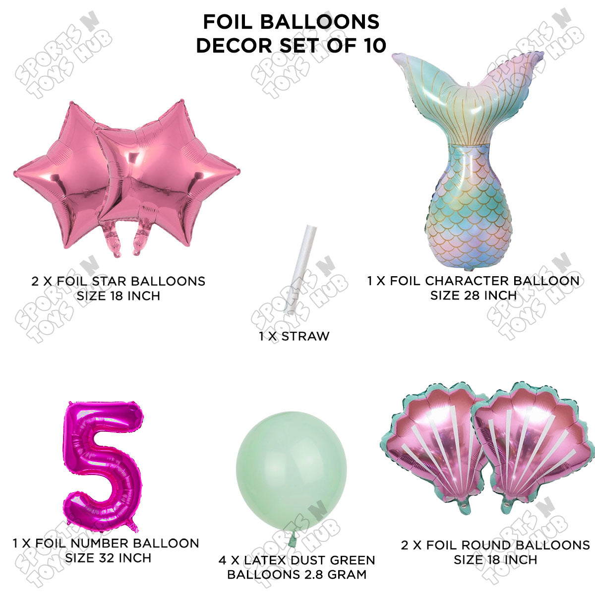 Merm@id Tail Foil Balloon Pack Of 10 Set With 32 Inch Foil Number Balloons