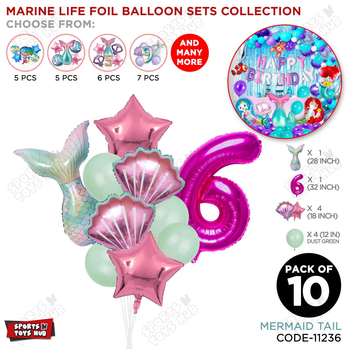 Merm@id Tail Foil Balloon Pack Of 10 Set With 32 Inch Foil Number Balloons
