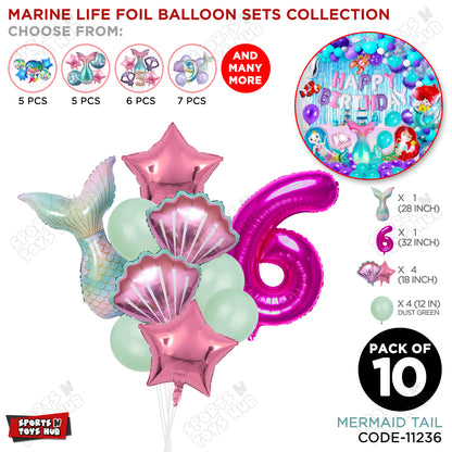 Merm@id Tail Foil Balloon Pack Of 10 Set With 32 Inch Foil Number Balloons