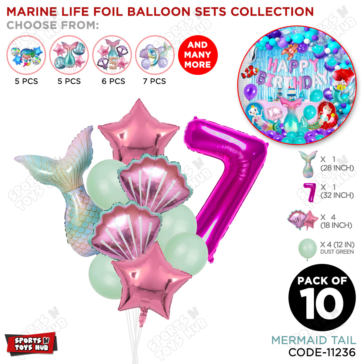 Merm@id Tail Foil Balloon Pack Of 10 Set With 32 Inch Foil Number Balloons