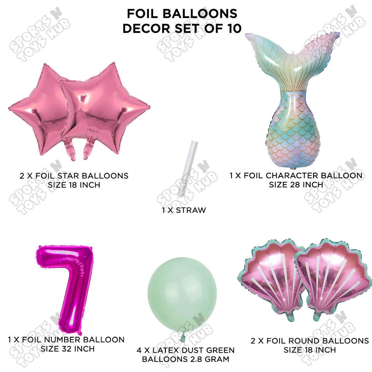 Merm@id Tail Foil Balloon Pack Of 10 Set With 32 Inch Foil Number Balloons