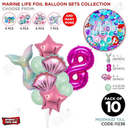 Merm@id Tail Foil Balloon Pack Of 10 Set With 32 Inch Foil Number Balloons