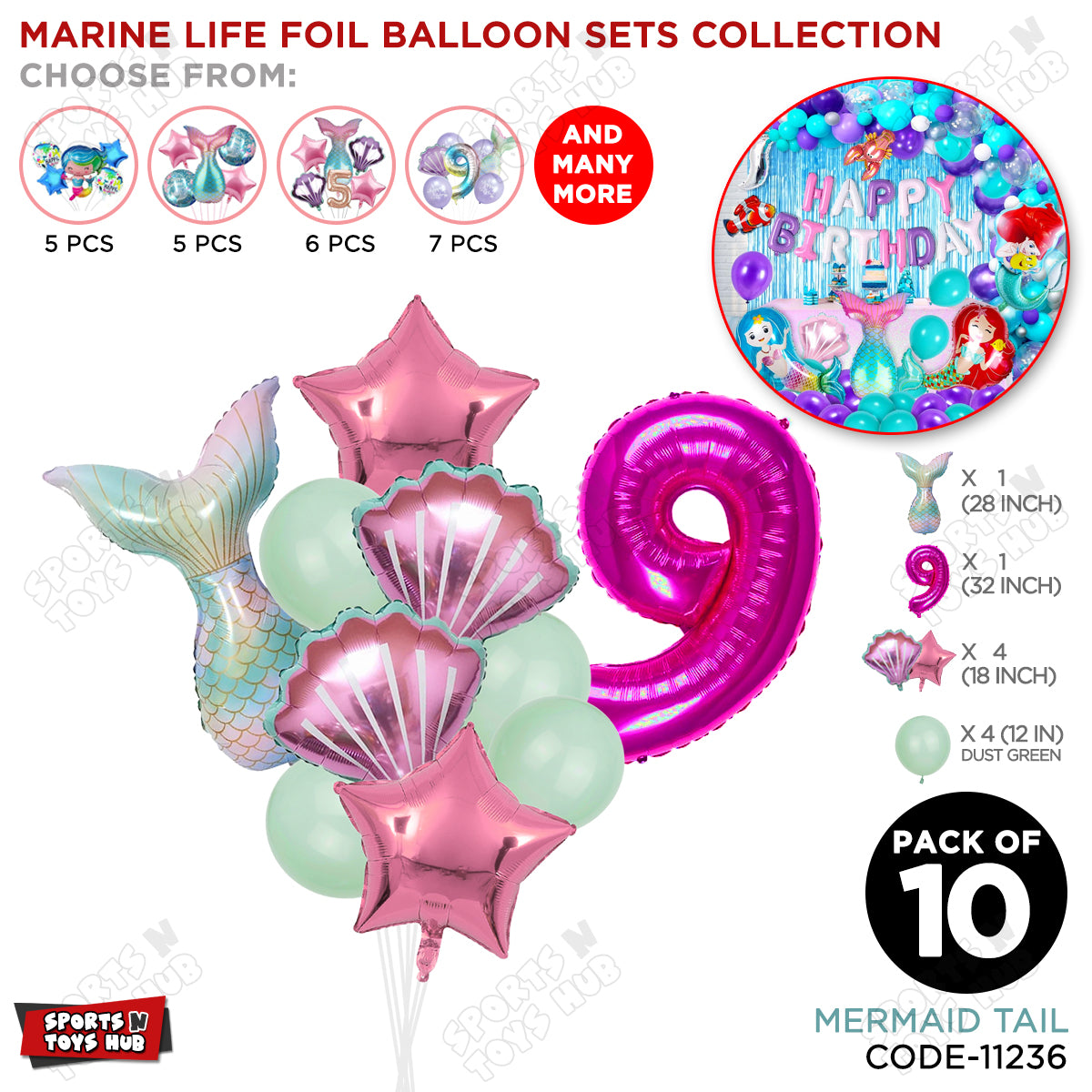 Merm@id Tail Foil Balloon Pack Of 10 Set With 32 Inch Foil Number Balloons