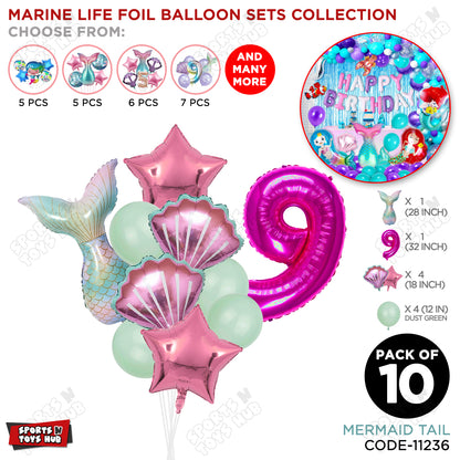 Merm@id Tail Foil Balloon Pack Of 10 Set With 32 Inch Foil Number Balloons