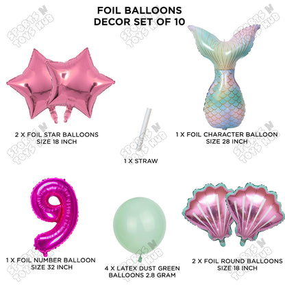 Merm@id Tail Foil Balloon Pack Of 10 Set With 32 Inch Foil Number Balloons