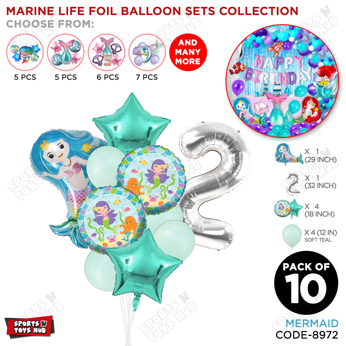 Mer-maid Foil Balloon Pack Of 10 Set With 32 Inch Foil Number Balloons