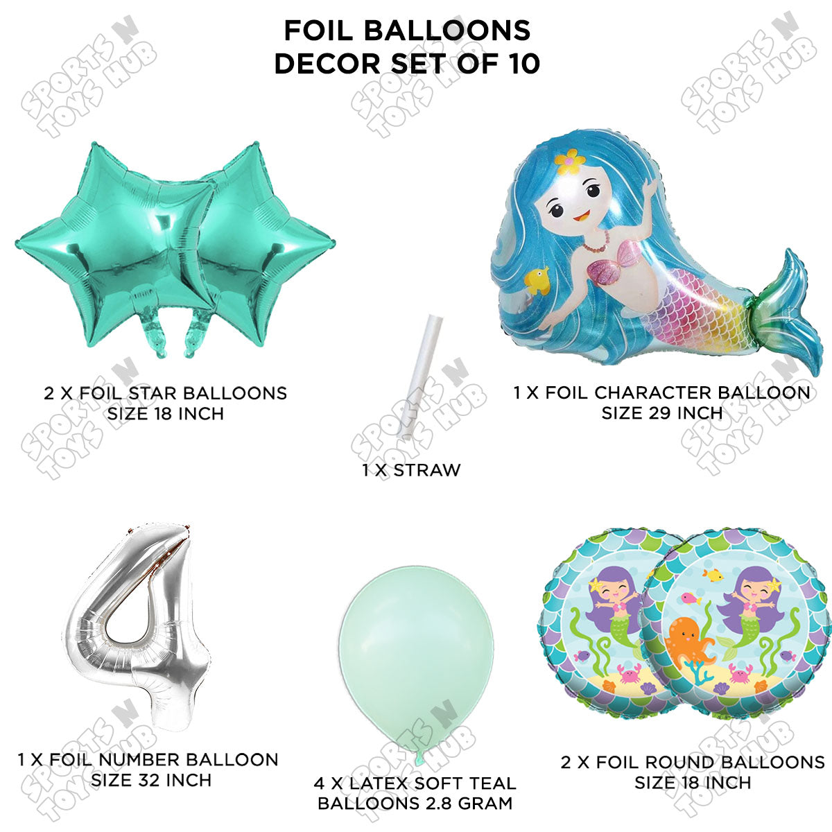 Mer-maid Foil Balloon Pack Of 10 Set With 32 Inch Foil Number Balloons