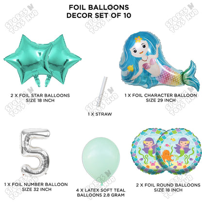 Mer-maid Foil Balloon Pack Of 10 Set With 32 Inch Foil Number Balloons