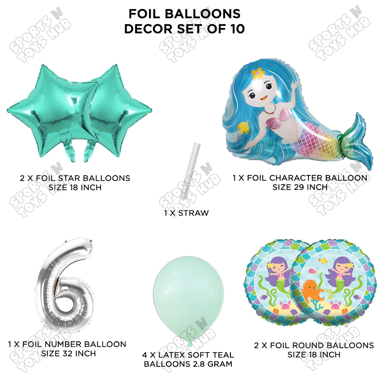 Mer-maid Foil Balloon Pack Of 10 Set With 32 Inch Foil Number Balloons